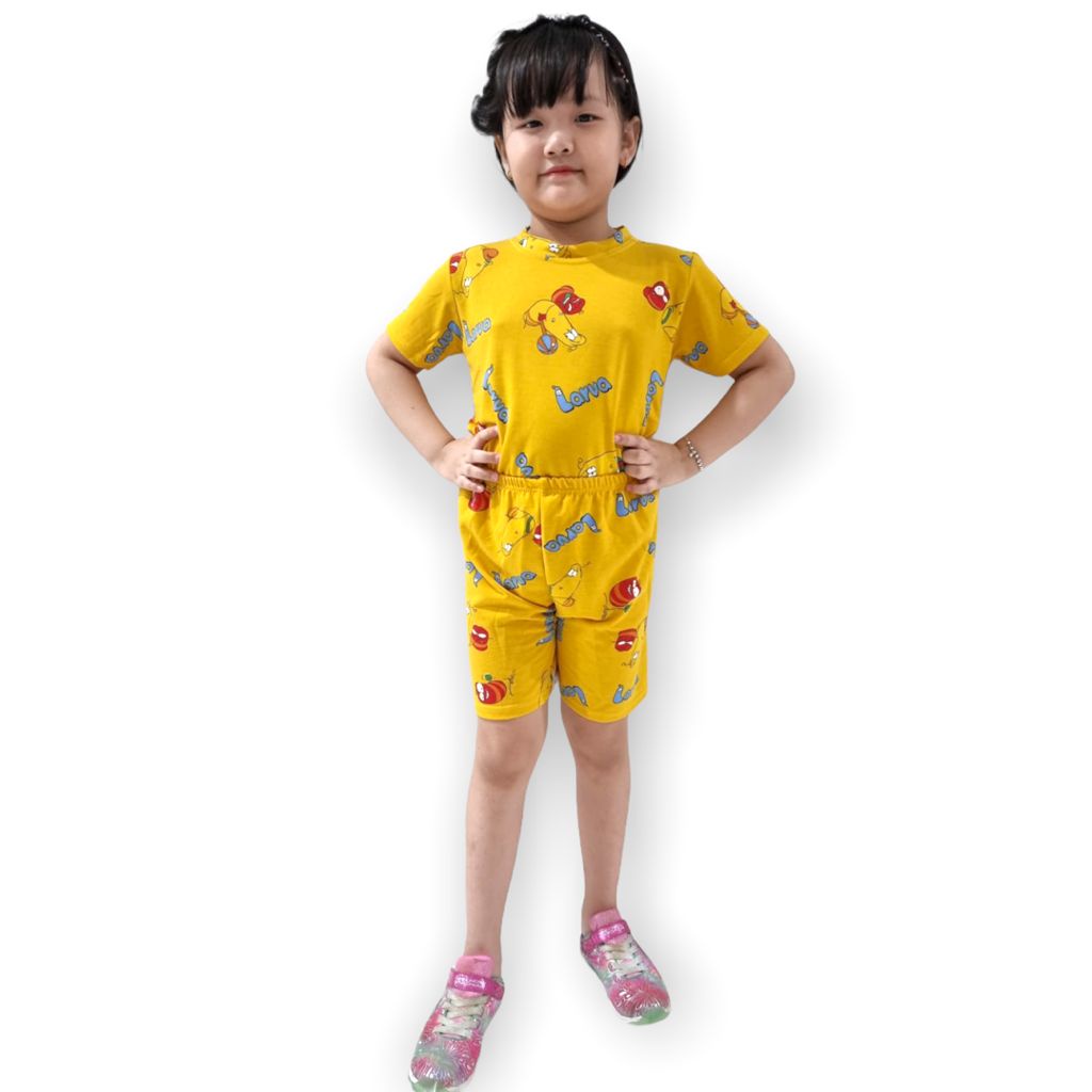 3037 SETELAN ANAK PEREMPUAN MOTIF LARVA TERBARU 1-8 TAHUN NENDES-KUNING