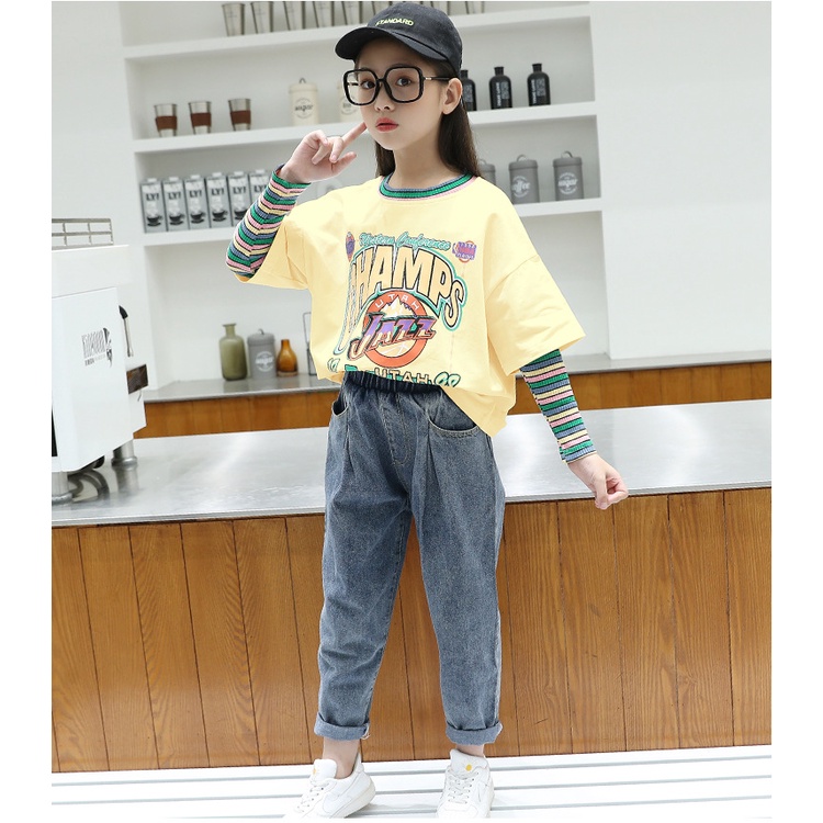 babyfit CHAMPIONEESE 4-10thn baju setelan sweater double sleeve anak perempuan set celana jeans