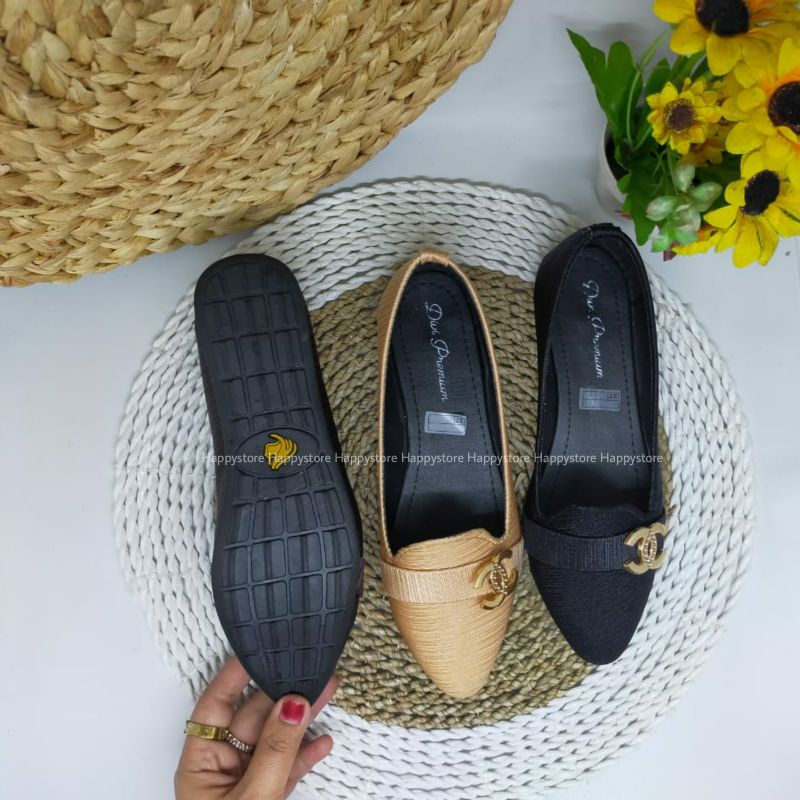 CUCI GUDANG Flatshoes wanita anti slip - flatshoes wanita full black - alas karet lentur FS01 original brand