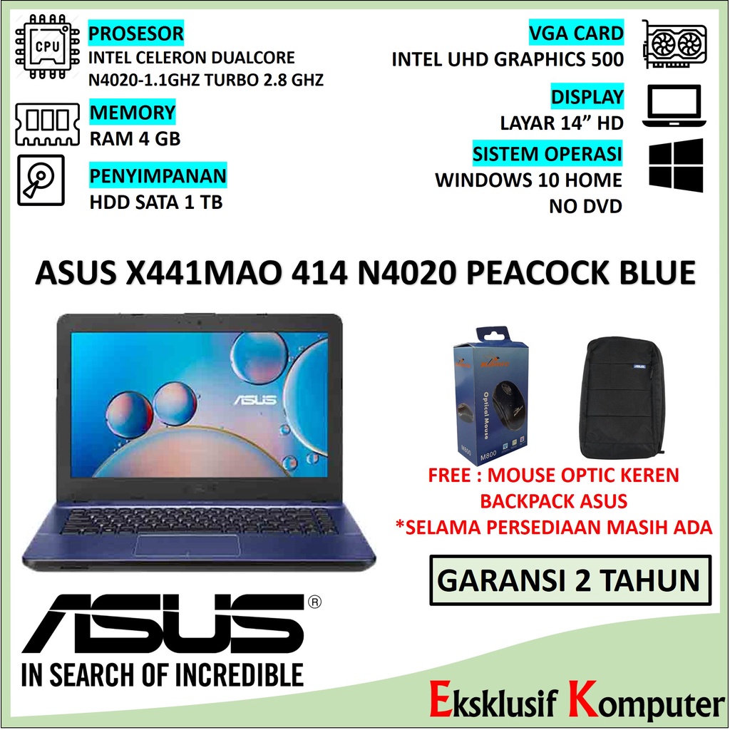 ASUS X441MAO 411 CELERON N4020 RAM 4GB HDD 1TB WIN10HOME PEACOCK BLUE