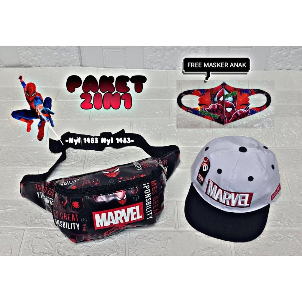 Wesbag anak laki laki, Waist Bag Anak Laki Laki Motif Superhero Marvel dan Topi Anak FREE MASKER