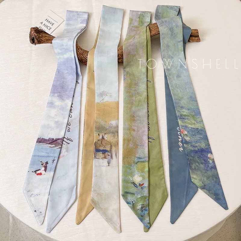 AESTHETIC SCENERY KOREAN SILK SCARF / TWILLY BAG / SYAL KOREA SATIN ESTETIK / IKAT RAMBUT PITA sutera PANJANG / SELENDANG sutra-1