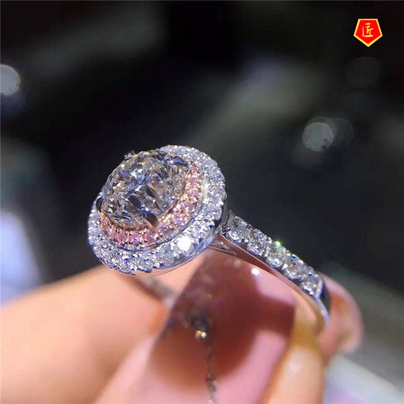 [Ready Stock]Round Gem Ring Pink Diamond Rose Gold Color Separation Luxury Elegant