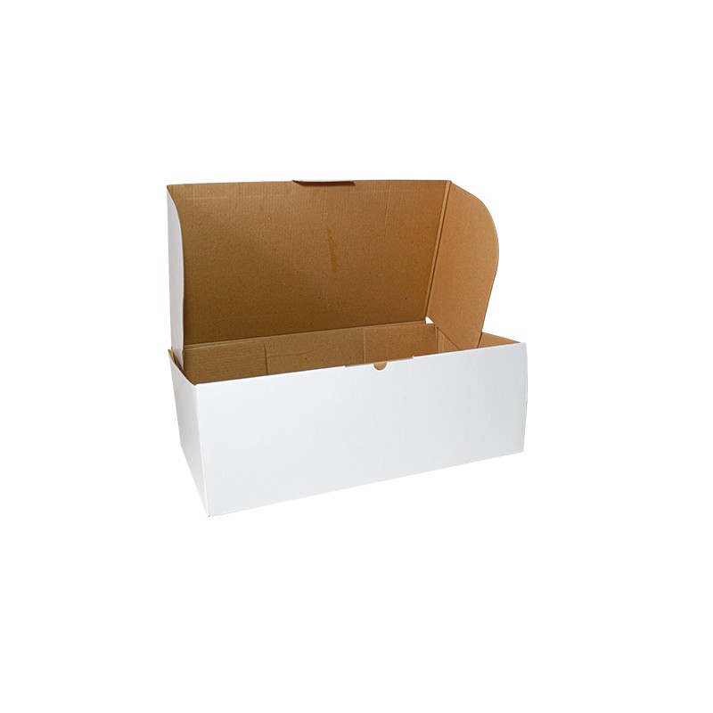 Diecut box full warna putih luar ukuran 36x21x13 cm, model top lock untuk kotak hampers, kue, bolu