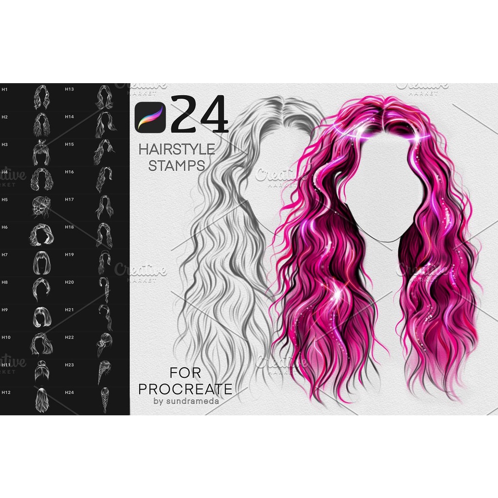 Procreate Brush - Bundle Romantic &amp; Punk Hairstyle Stamp Brushes Procreate