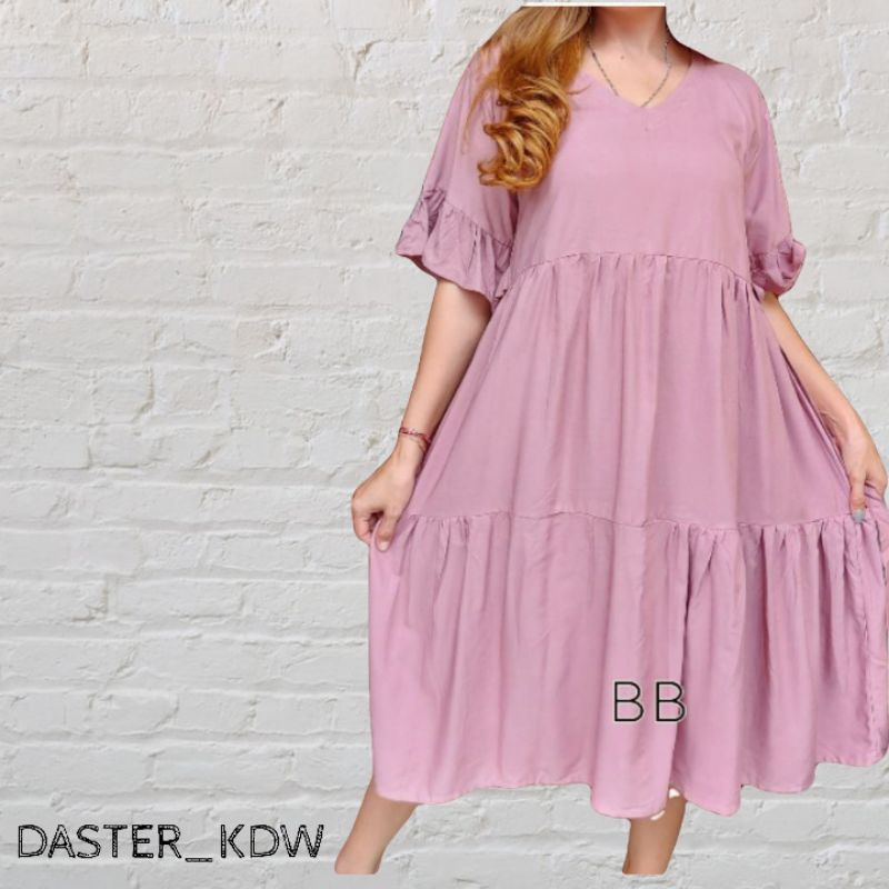 DASTER JUMBO  DRESS BUMIL JUMBO SELETING DEPAN BAHAN RAYON TANGAN REMPEL BIG SIZE3XL LD125CM