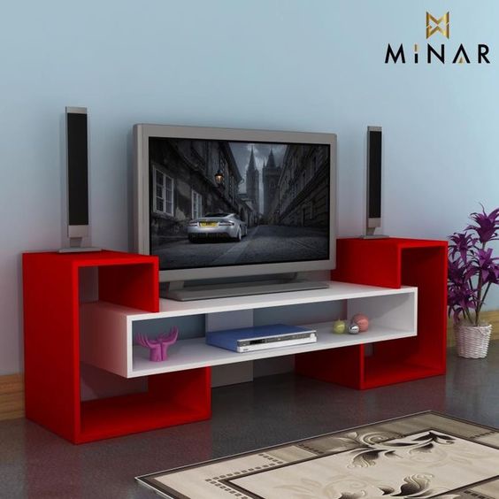 Meja TV Minimalis Red White Panjang 150 cm Tinggi 65 cm (Costume Design Non Rakitan Handmade Product