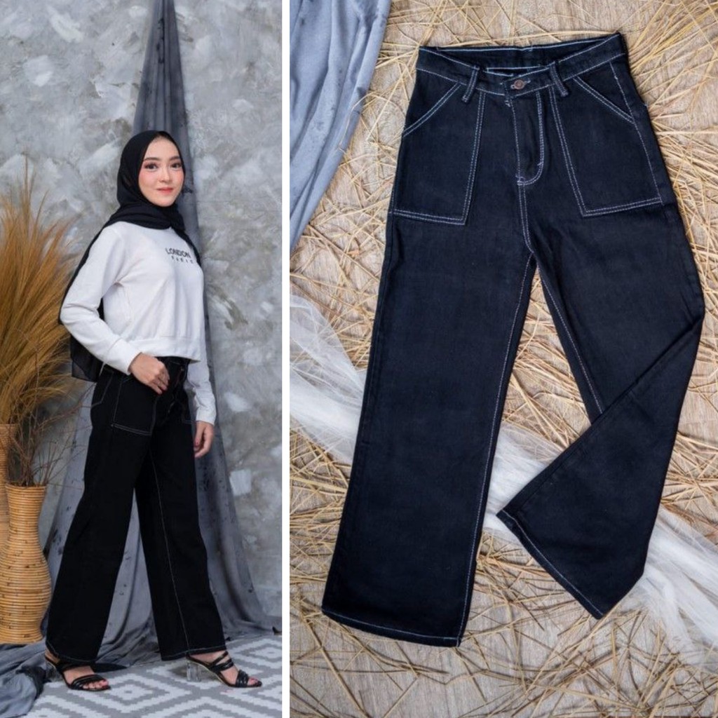 HIGH WAIST KULOT JEANS WANITA SNOW SAKU DEPAN TEMPEL CELANA AMBER JINS KULOT ALICE