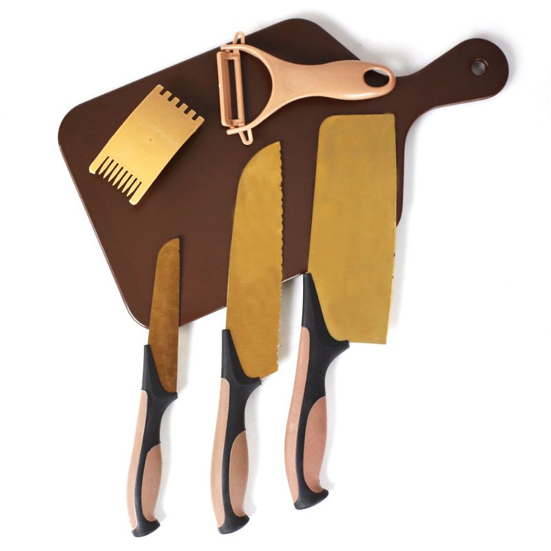 Pisau 1 Set telenan 5in1 stainless steel gold satu setel daging buah sayur bahan tajam kuat handle p