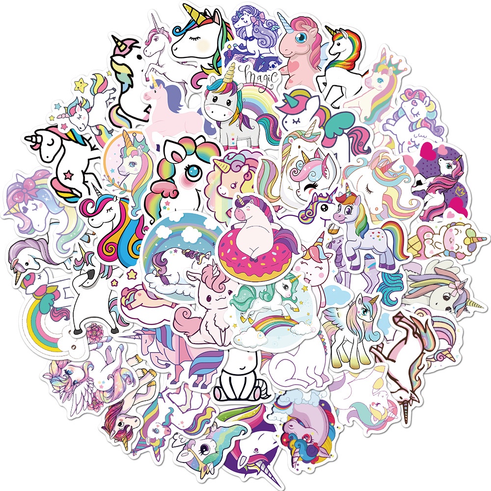 50 Pcs Colorful Cute Cartoon Unicorn Pattern Graffiti Stickers for Guitar Helmet Luggage Laptop Decor