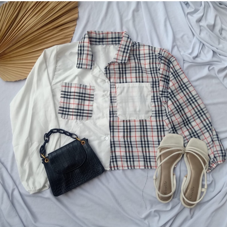 MIKA CROP TOP BLOUSE ia/ KEMEJA WANITA / BLOUSE KEKINIAN-KOTAK BB PUTIH