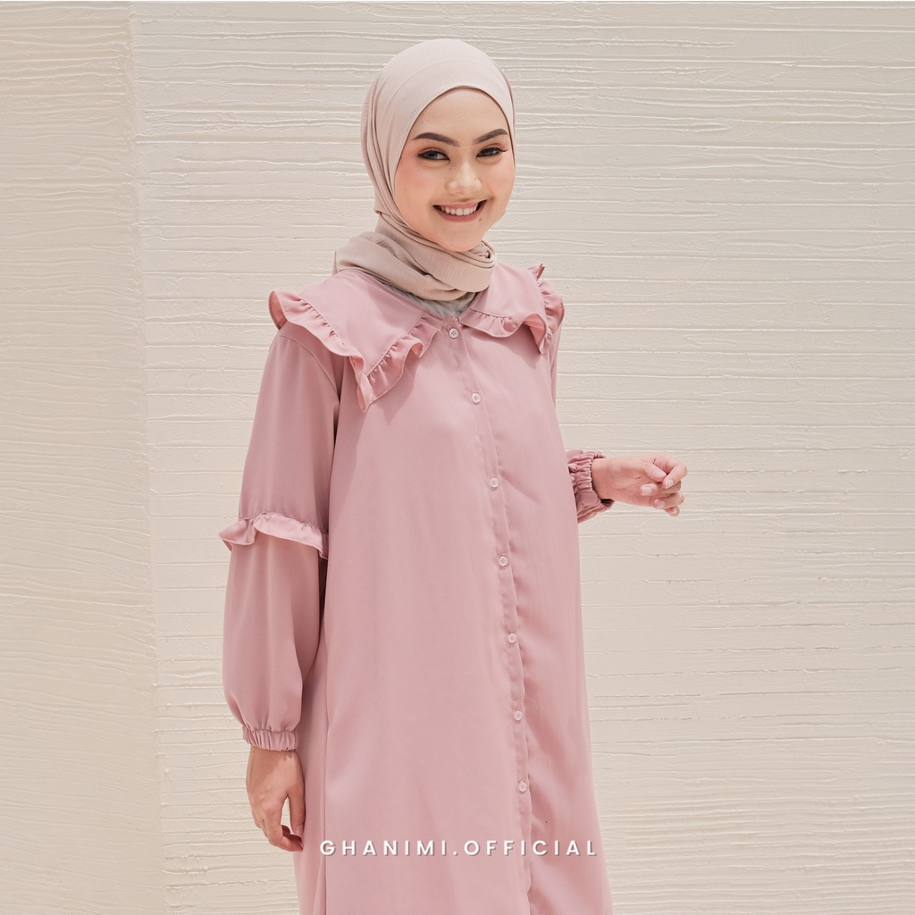 Ghanimi - Prinsa Tunik / Tunik Ruffle Polos / tunik kondangan kekinian / tunik gamis terbaru / tunik kerah asimetris korean style / tuni plos casual formal daily / tunik lengan bishop balon