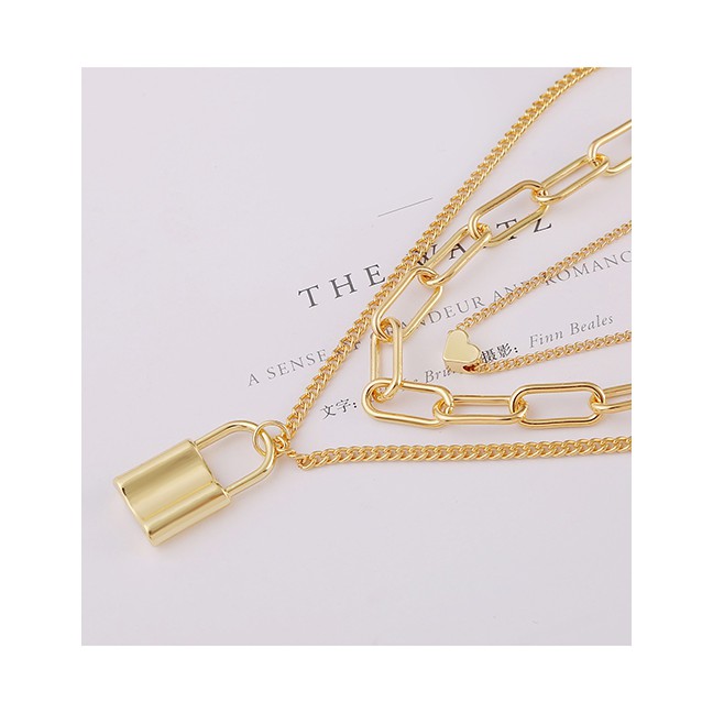 LRC Kalung Fashion Alloy Lock Heart Love Multi-layer Necklace  K43685