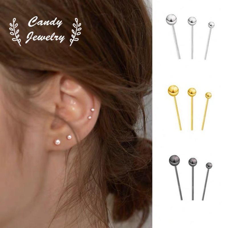 1 Pasang Anting Stud Mini Bahan S925 Silver Gold Plated Warna Hitam Ukuran 3 4 5mm Untuk Wanita