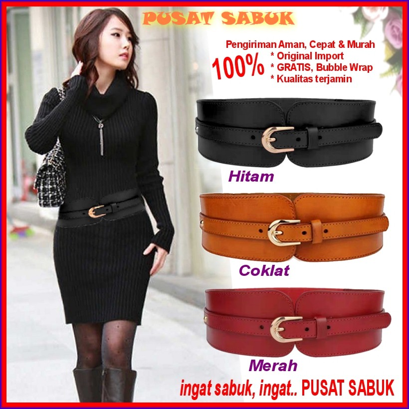 Sabuk Belt Wanita Obi Besar Karet Women Ikat Pinggang Fashion Gesper Korea Cewek Oby Jumbo red Impor