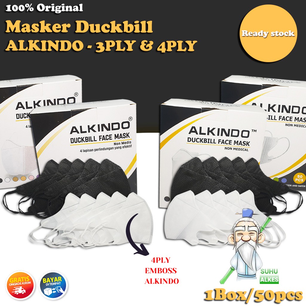 Masker Duckbill Alkindo Hitam Putih 3Ply 4Ply Duckbil Alkindo Black White 3 Ply 4 Ply Medis BFE 95% 