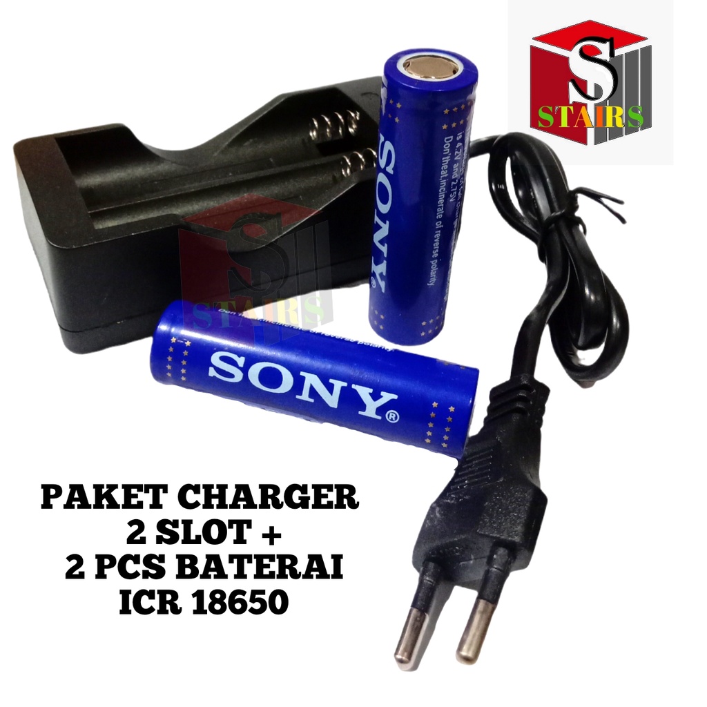 Paket Casan 2 Slot + 2 PCS Baterai Li-ion ICR 18650 5000mAh 3.7V Warna Biru FLATTOP