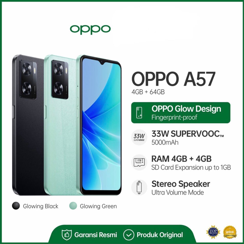 Oppo A57 [4GB+64GB] Helio G35 | 13MP Dual Camera | 6.56&quot; IPS LCD | 5000mAh | Garansi Resmi Oppo 1 Tahun