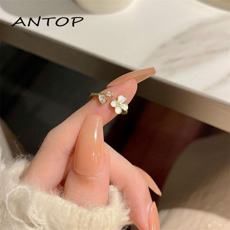 Sayishop Cincin Model Terbuka Desain Bunga Hias Mutiara  zircon adjustable Untuk Wanita