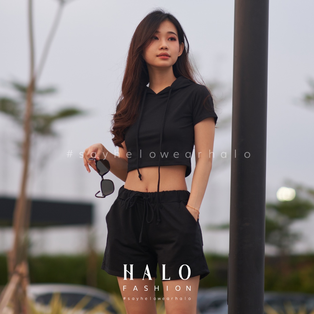 [HaloFashion] Valerie Sexy Set Hoodie Crop Top + Hot Pants Basic One Set Korean Fashion