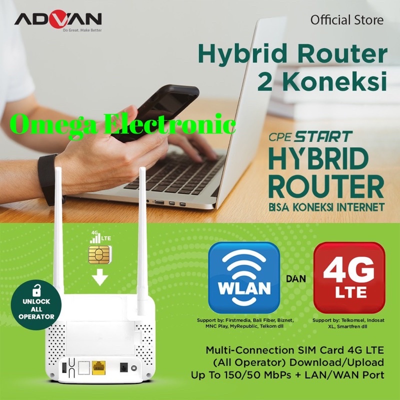 Advan CPE START Home Router Modem 4G LTE Telkomsel Orbit Wifi Hybrid 300Mbps