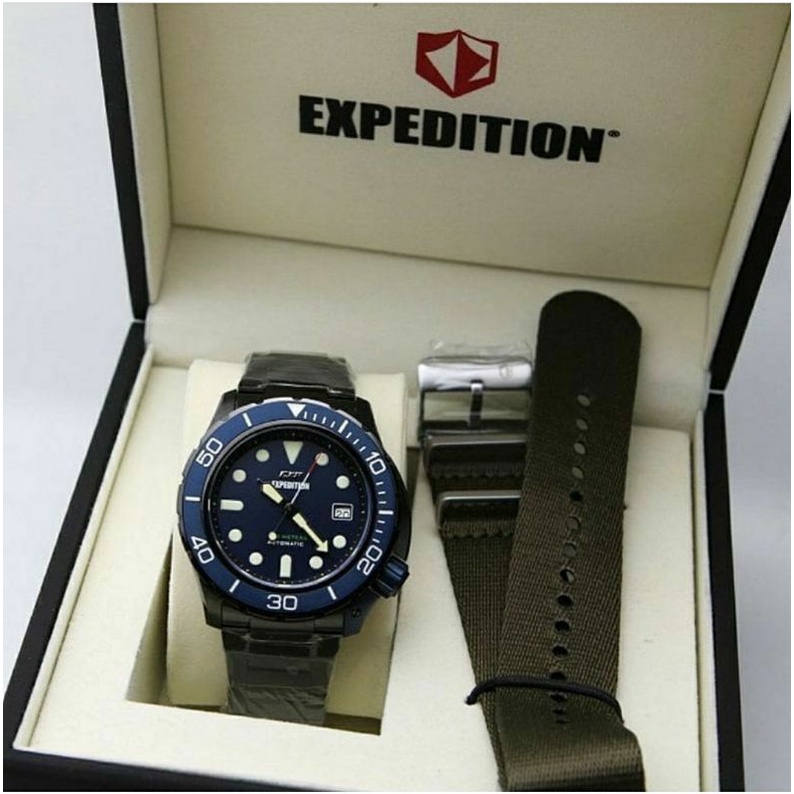 ORIGINAL GARANSI RESMI 1 TAHUN JAM TANGAN PRIA EXPEDITION AUTOMATIC  BLACK BLUE RANTAI STAINLESS STE