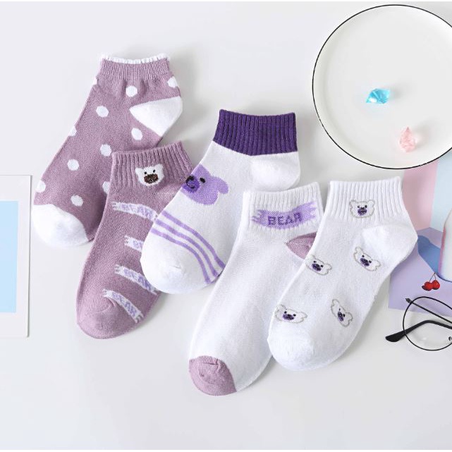 DF KK203 Kaos Kaki Wanita Motif Beruang Ungu Kaos Kaki Pendek Fashion Korean Import