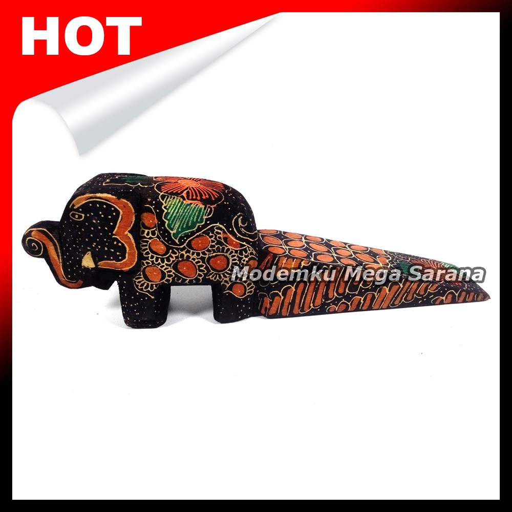 Door Stop Kayu Batik Bentuk Gajah 18x3x6 cm - Motif A