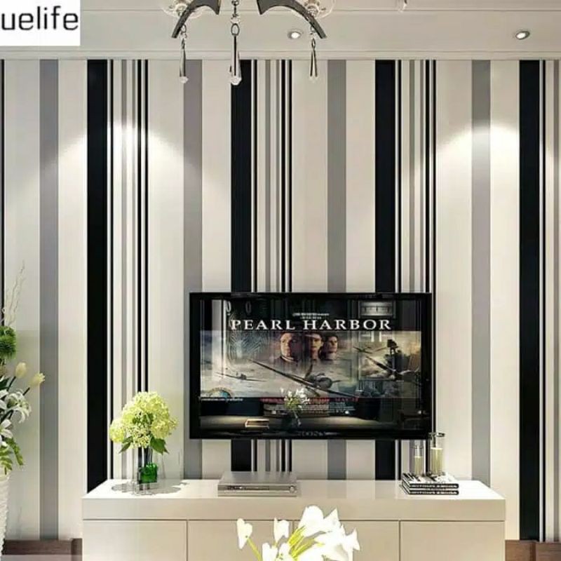 Wallpaper Dinding Motif Garis Hitam Putih Ukuran Panjang 10Meter x Lebar 45cm