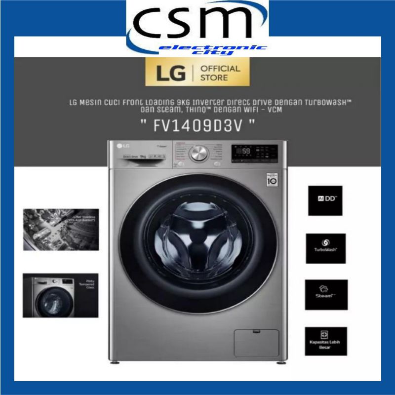 MESIN CUCI FRONT LOADING LG FV 1409 D3V FV1409 9 KG 1 TABUNG INVERTER
