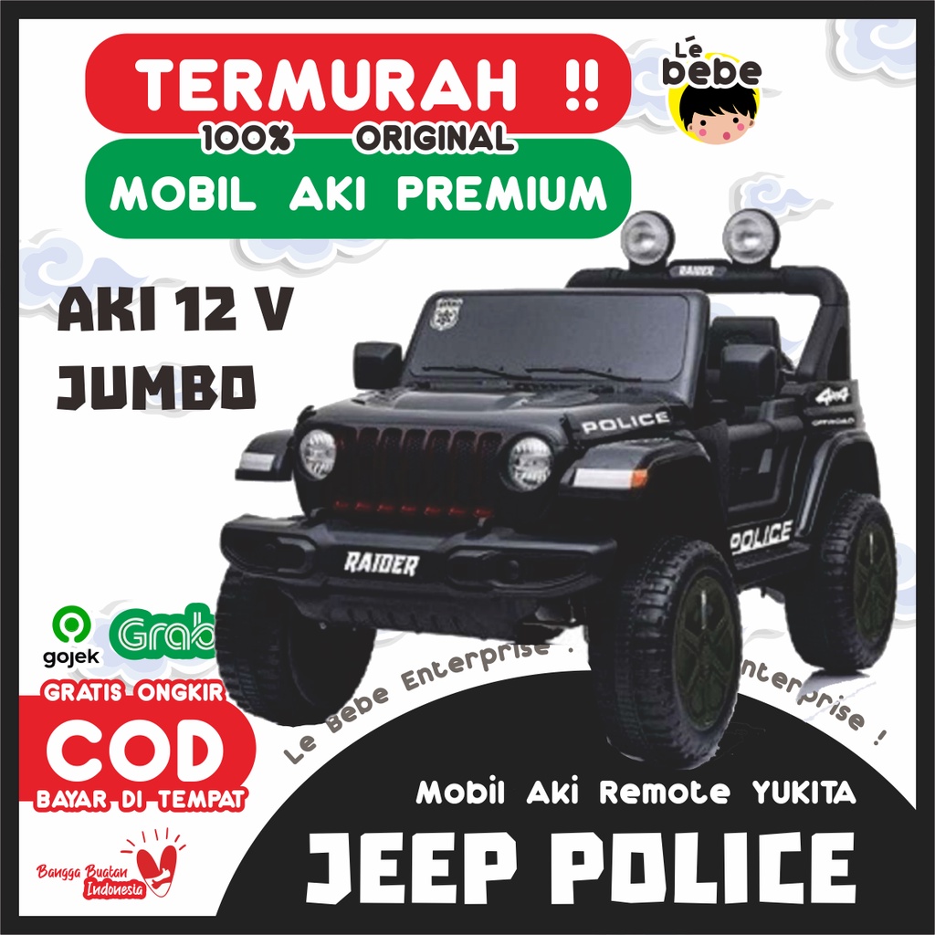 Mobil Aki Jeep POLICE YUKITA 938 Rubicon Jumbo Size Off Road Electric Car Mobil Remote Control RC OR