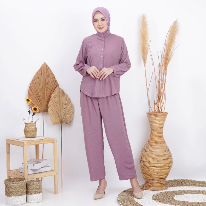 Kemeja set wanita krah shanghai | Setelan kemeja busui lengan panjang | Setelan kemeja oversize crinkle