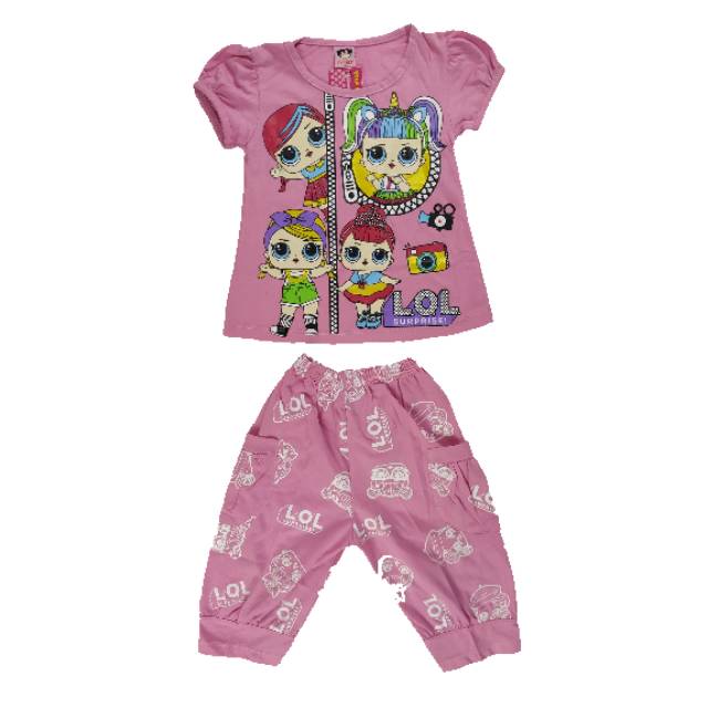 SETELAN BAJU ANAK PEREMPUAN DONUT CELANA PENDEK LENGAN PENDEK MOTIF LOL 2-6 TAHUN (sr.521)