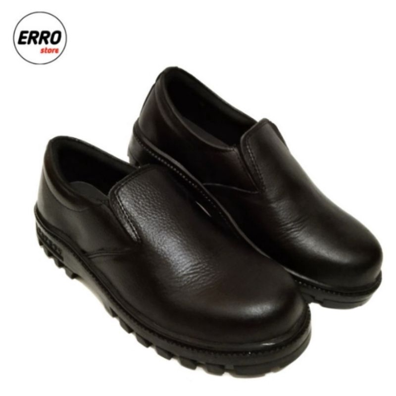 Sepatu safety pria slip on bahan kulit sapi lembut, sepatu safety pendek, sepatu safety proyek murah