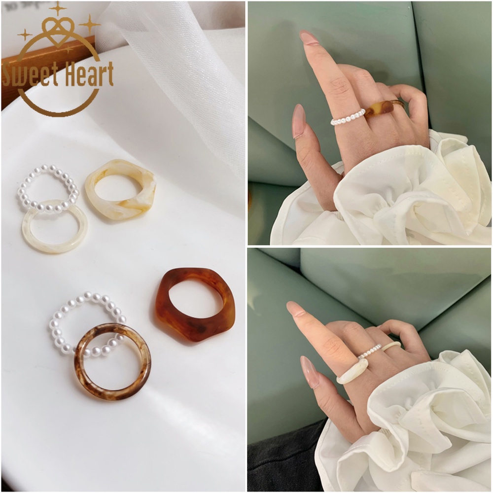 3pcs / set Cincin Jari Telunjuk Desain Mutiara Resin Gaya Retro Untuk Wanita