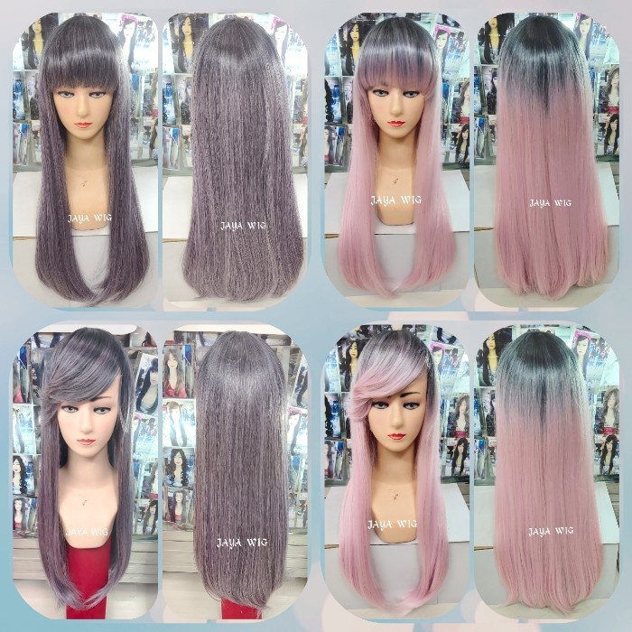 Wig Lurus Panjang Berponi Warna Ombre Rambut Palsu Wanita Halus Lembut
