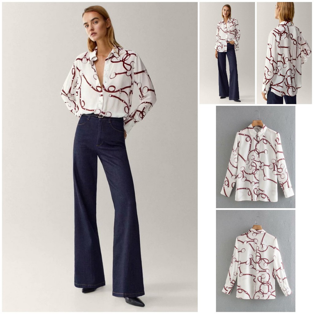 KEMEJA WANITA WARNA PUTIH LENGAN PANJANG MOTIF RANTAI IMPORT PREMIUM VEN9032