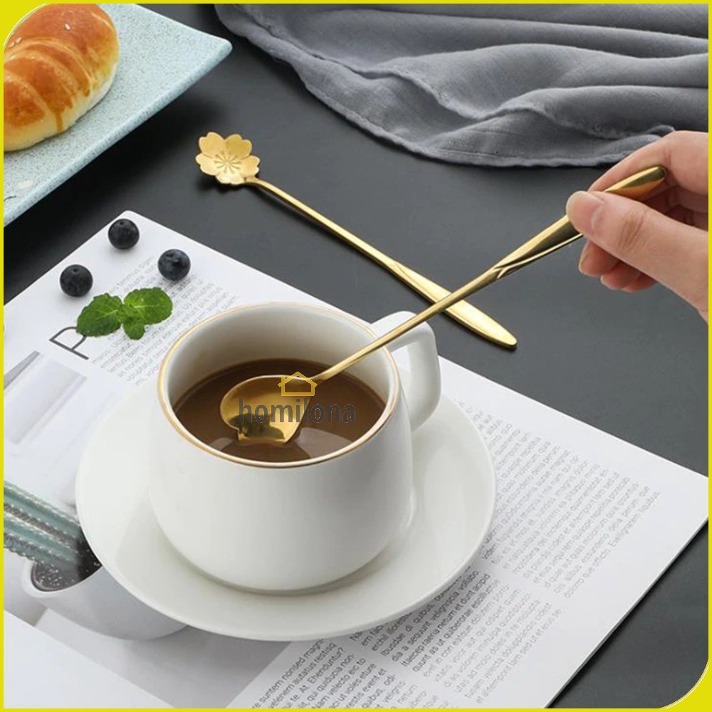 Sendok Teh Gagang Panjang Long Handled Tea Spoon Stainless Steel Petal Heart - BLEXPRET TC49 - Silver Gold