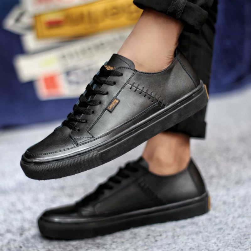 LOW DANTE BLACK Sepatu Sneakers Pria Sepatu Pria Casual Kulit Asli Spatu Sneker Hitam Keren