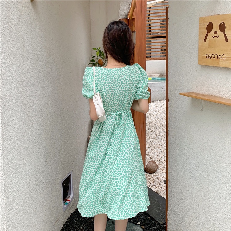 pakaian wanita korea COD Fashion New 2022 daster kerut dada Korean Style dress Blue Green Floral Lace-up Waist Short Sleeve Drawstring V Neck Midi dress biru for Women Summer A-Line tunik Casual Dresses biru  dress wanita 2023 korea