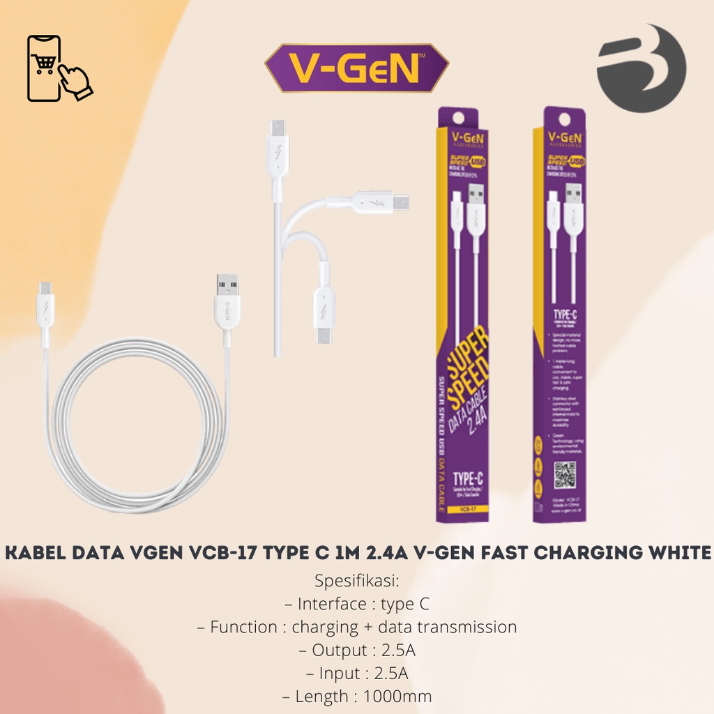 Kabel Data Vgen VCB-17 Type C 1M 2.4A V-Gen Fast Charging White