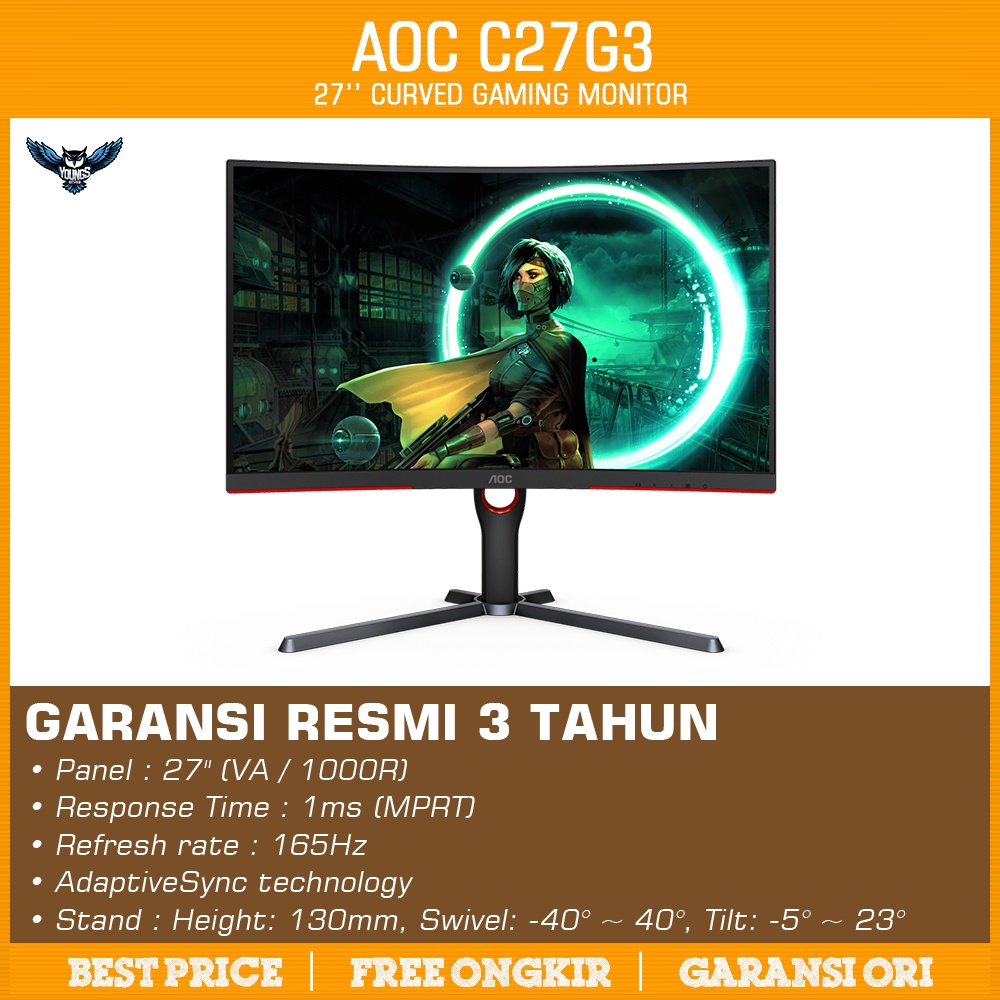 LED AOC C27G3 27&quot; VA Curved 1000R 1080p 165Hz 1ms HDMI DP Ergo Monitor