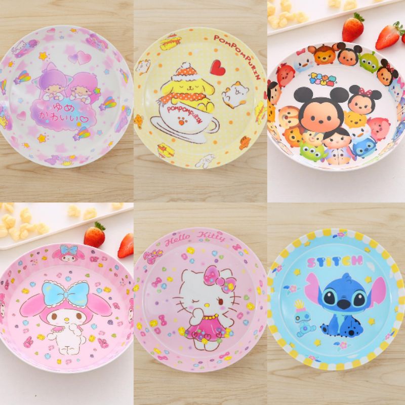 Piring melamin import motif Hello Kitty Pompompurin Stitch Little Twin Star