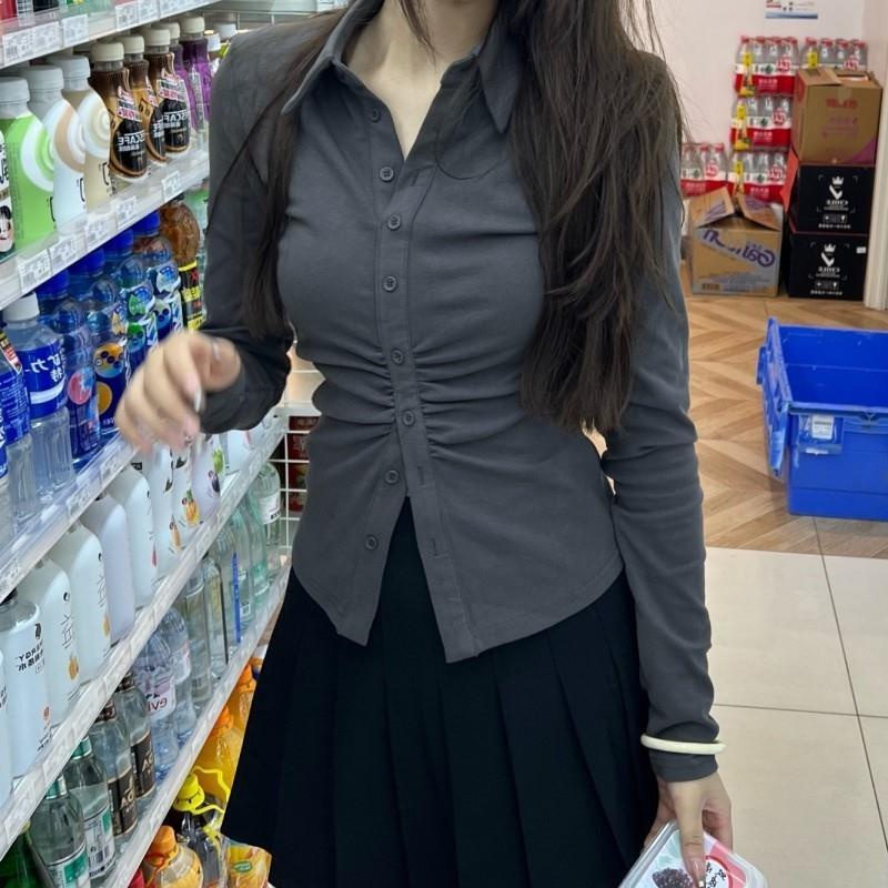 Pure Desire Hot Girl Shirt Wanita 2022 Musim Gugur/Musim Dingin Baru Slim Fit, Pinggang Tipis, Lengan Panjang Pendek Desain Atas, Desain Kecil