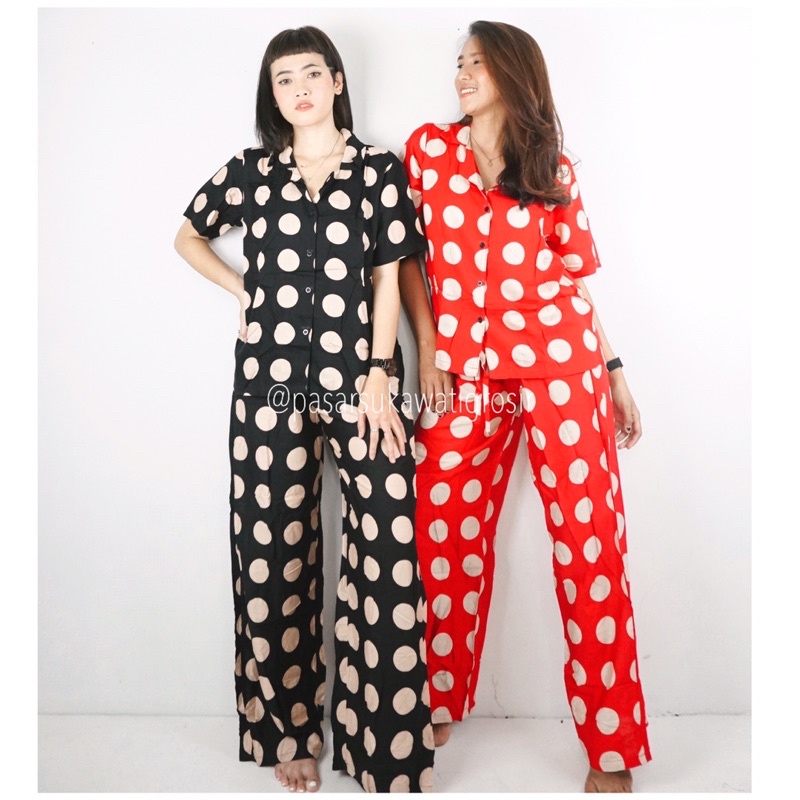 SETELAN CELANA PANJANG BAJU TIDUR PIYAMA KEMEJA FULL KANCING BUSUI FRIENDLY POLKADOT