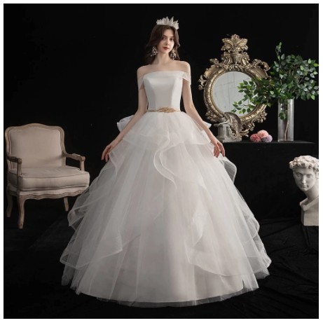 Gaun pengantin mengembang putih ballgown tanpa lengan puffy