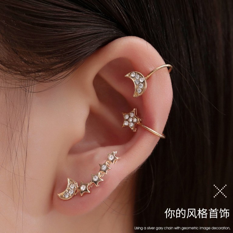 Jepang Dan Korea Selatan Sederhana Set Anting Telinga Berlian Penuh Bintang Bulan 3 Piece Set Klip Telinga Perempuan Tren Lintas Batas Shopee Indonesia