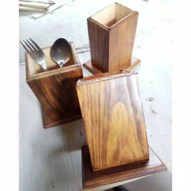 Tempat sendok kayu unik tatakan sendok kayu pinus pilihan-Coklat Natural