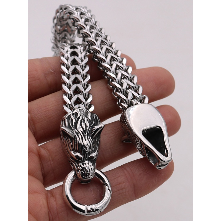 Gelang Rantai Bahan Stainless Steel Desain Kepala Serigala Gaya Retro Untuk Pria