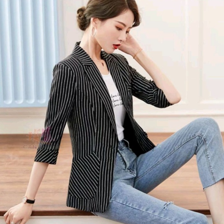 37700 Baju Outer Blazer luaran Stripe biru hitam Korean style wanita import baju outer auter luaran 